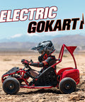 Kid Friendly All Terrain Electric Go Kart With 48V 1000W Motor And Parental Speed Control 13 Inch Off Road Tires Steel Tubular Frame For Durability Ages 6 Plus Red shown in desert terrain with child rider in helmet.