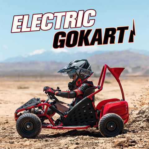 Kid Friendly All Terrain Electric Go Kart With 48V 1000W Motor And Parental Speed Control 13 Inch Off Road Tires Steel Tubular Frame For Durability Ages 6 Plus Red shown in desert terrain with child rider in helmet.