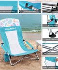 Low Seat High Back Beach Chair With Mesh Back Folding Design Lightweight Grab And Go Outdoor Camping Chair With Cup Holder Padded Armrest Carry Bag For Beach Lawn Picnic Festival And All Day Comfort featuring Oxford 600D polyester mesh and cushioned armrest