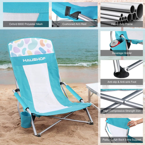 Low Seat High Back Beach Chair With Mesh Back Folding Design Lightweight Grab And Go Outdoor Camping Chair With Cup Holder Padded Armrest Carry Bag For Beach Lawn Picnic Festival And All Day Comfort featuring Oxford 600D polyester mesh and cushioned armrest