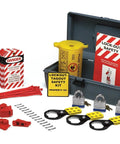 Economy Electrical Lockout Toolbox Kit with rugged polypropylene case, lockout tagout essentials, power plug and circuit breaker locks.