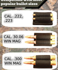 Two Round Rifle Cartridge Holder with Hook and Loop Fastener and Adhesive Backing for Buttstock, showcasing caliber compatibility