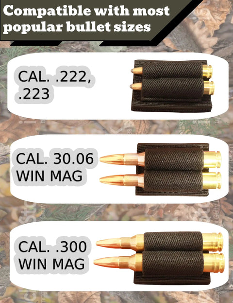 Two Round Rifle Cartridge Holder with Hook and Loop Fastener and Adhesive Backing for Buttstock, showcasing caliber compatibility