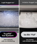 Side-by-side comparison of Legit Nugget Ice™ and Imitation Nugget Ice, showcasing ice quality and storage capacity.