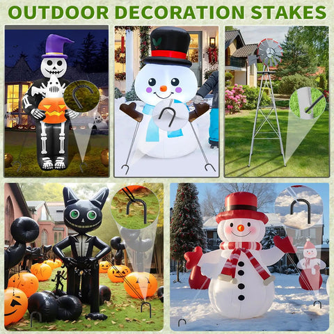 Inflatables anchored with 12 Inch Rebar J Hook Ground Stakes 16 Pack Heavy Duty Galvanized for outdoor decor stability.