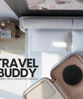 All In One Portable Battery Powered Fan For Travel And Camping with carry case in open suitcase on bed, ready for travel.