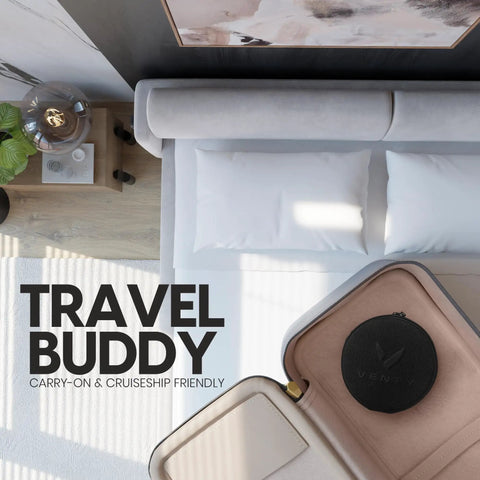 All In One Portable Battery Powered Fan For Travel And Camping with carry case in open suitcase on bed, ready for travel.