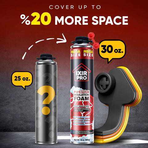Mega Size Expanding Foam Insulation Sealant Spray Easy Fix Gap Filler showcasing 30 oz can next to a smaller 25 oz can