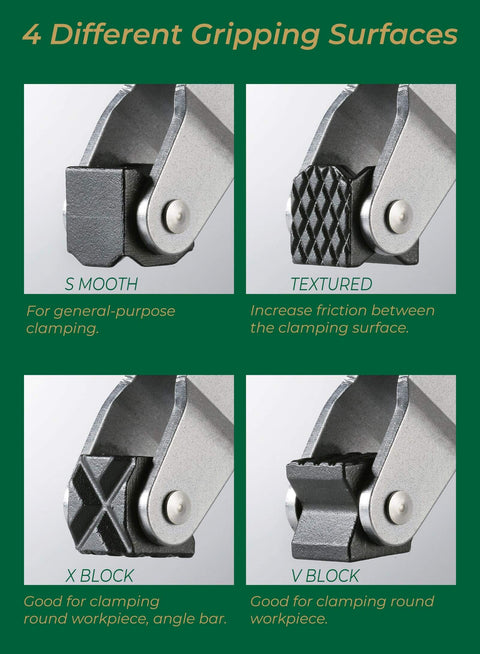 Four different gripping surfaces of deep throat welding and fabricating C clamp with T handle, including smooth, textured, X block, and V block.