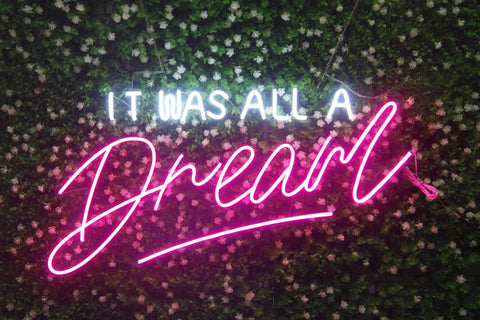 It Was All a Dream Neon Sign For Bedroom LED Wall Decor Light With Dimmer Handmade For A Cozy Mood Vibe Ideal Night Light Party Decor Accent Wall Art At Home, pink and white LED on floral background