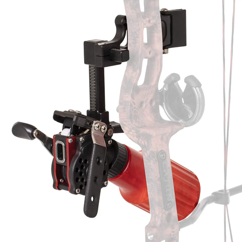 Bowfishing Winch Pro Reel With One Hand Operation, rugged aluminum frame, fighting wheel brake attached to a bow
