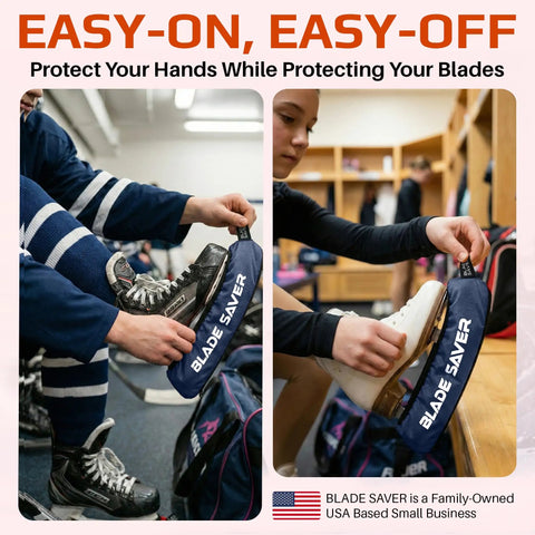 Person placing durable ice skate guards on hockey and figure skates, easy-on easy-off design