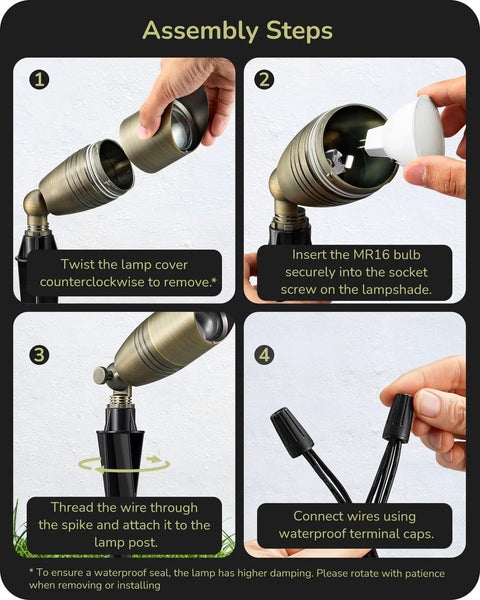 Assembly steps for Built Tough Heavy Duty Solid Brass Landscape Spotlights 12V Outdoor Lighting With MR16 Bulb Included