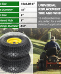 Exact Replacement Front Tire And Wheel Set 15x6-6 Tubeless For John Deere Riding Mowers And Lawn Tractors with specs chart