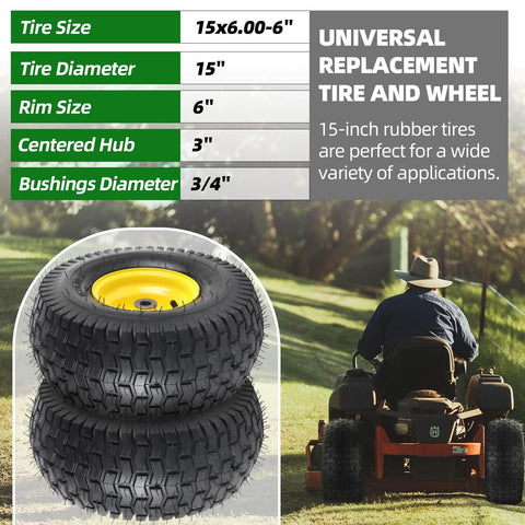 Exact Replacement Front Tire And Wheel Set 15x6-6 Tubeless For John Deere Riding Mowers And Lawn Tractors with specs chart