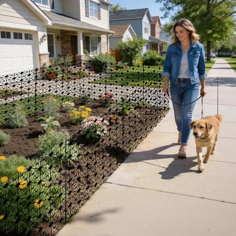 Woman walking dog by garden with 24 Inch High Outdoor Garden Fence Border Edging Roll Made From HDPE With UV Anti Aging Finish Keeps Rabbits And Small Pests Out No Dig Fencing For Easy Install Weatherproof Backyard Yard Patio Decor