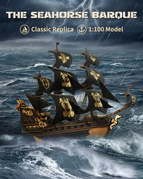 Seahorse Barque 3D Wooden Puzzle for Adults, Sailboat Model Kit With 603 Piece DIY Build, stormy sea backdrop 