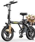 Compact Electric Dirt Bike For Adults with 14 inch tires and flower basket, 48V battery, foldable and lightweight