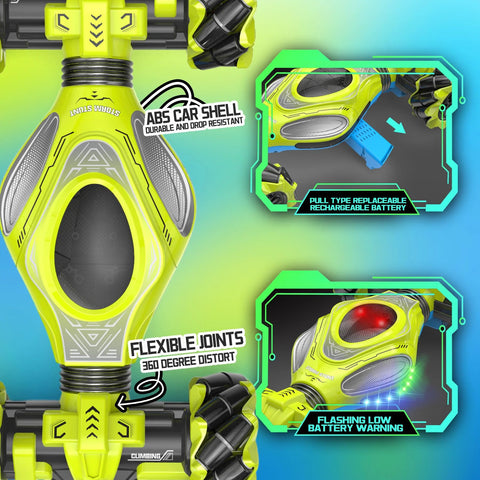 Front view of neon-yellow XUERENTECH 1:12 scale RC stunt car, 4WD, dual-sided with LED lights.
