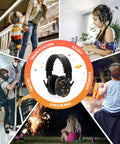 Kids Ear Protection Earmuffs With 27dB Noise Canceling For Sports Events Concerts Fireworks Air Shows And Autism Support, illustration of children using earmuffs in various locations.