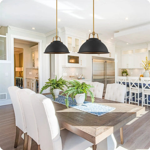16-Inch 3-Light Modern Farmhouse Pendant Light With Metal Dome Shade In Golden Brass And Sandblasted Black Finish above dining table