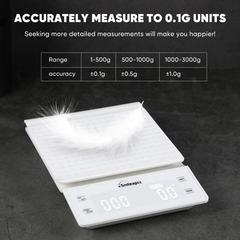 Spot On Accuracy Digital Kitchen Scale For Food And Coffee 0.1g To 3000g High Precision Mini Scale with feather on tray.