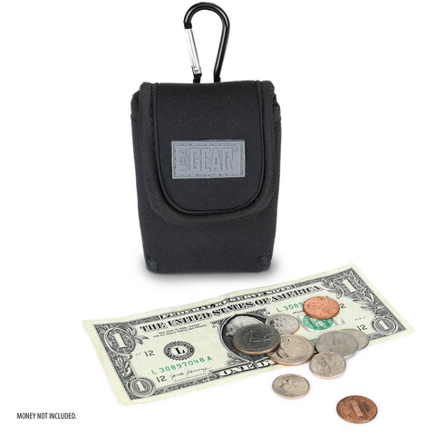 Grab And Go Coin Pouch With Belt Clip And Carabiner For Easy Access Mini Wallet Change Holder; black pouch with US coins.