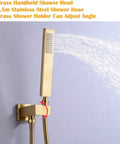 Premium Brushed Gold Shower Faucet Set Featuring 10 Inch Square Rainfall Head And Handheld Sprayer Wall Mounted Bathroom Mixer Valve Combo with adjustable brass handheld shower head.