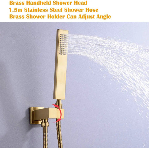 Premium Brushed Gold Shower Faucet Set Featuring 10 Inch Square Rainfall Head And Handheld Sprayer Wall Mounted Bathroom Mixer Valve Combo with adjustable brass handheld shower head.