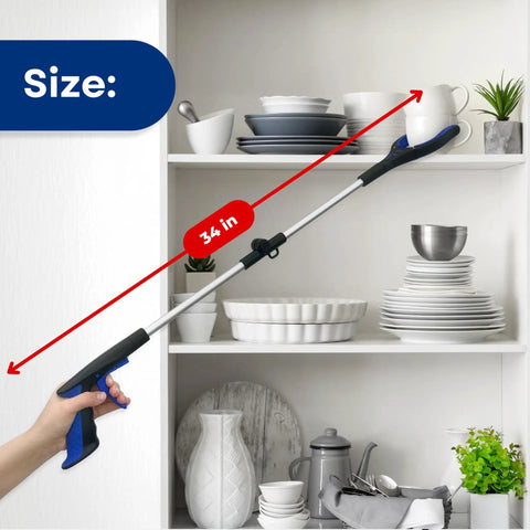34 Inch Extra Long Reacher Grabber With Foldable Gripper And Rotating Jaw For Easy Pickup A Handy No Sweat Long Reach Tool For Home And Kitchen Mobility Aid To Reach High Or Low Items Without Straining extending to grab a cup off a shelf