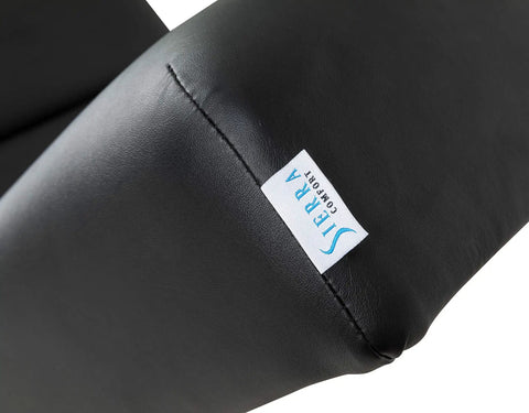 Sierra Comfort Standard Electric Lift Massage Table With 3 Inch High Density Foam Deck And Water Resistant PU Leather Upholstery close-up of black upholstery.