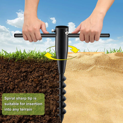 Hands using Beach Umbrella Sand Anchor Heavy Duty Outdoor Umbrella Holder No Dig Ground Base Easy Setup Wind Resistant