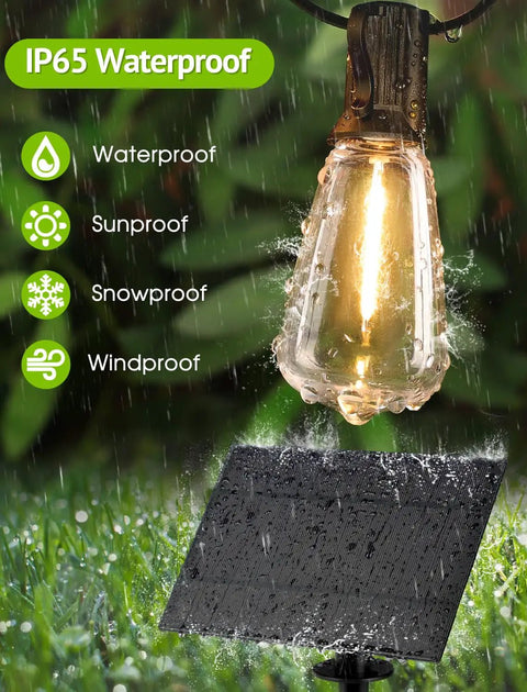 48Ft Solar Powered Outdoor String Lights With Remote Waterproof Dimmable Patio Lighting bulb and solar panel in rain