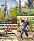 Heavy Duty Garden Bow Rake With Stainless Steel Handle 5.4 Foot Reach 17 Tine Metal Head For Soil Loosening Leaf Gathering And Lawn Leveling Anti Rust Coated Triple Welded being used for gardening tasks