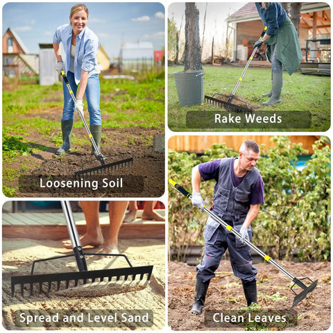 Heavy Duty Garden Bow Rake With Stainless Steel Handle 5.4 Foot Reach 17 Tine Metal Head For Soil Loosening Leaf Gathering And Lawn Leveling Anti Rust Coated Triple Welded being used for gardening tasks