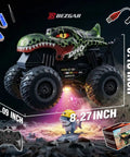 Rad Remote Control Monster Truck For Kids 4 5 6 7 8 9 Years Old With 360 Degree Stunts Dino Design Music Wireless LED Strobe Lights Two Batteries Green shown with dimensions.