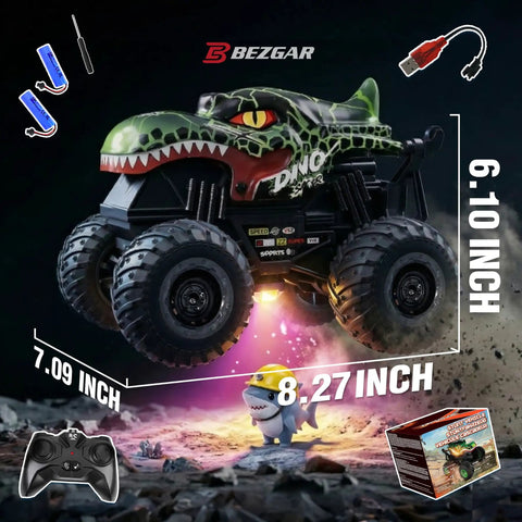Rad Remote Control Monster Truck For Kids 4 5 6 7 8 9 Years Old With 360 Degree Stunts Dino Design Music Wireless LED Strobe Lights Two Batteries Green shown with dimensions.