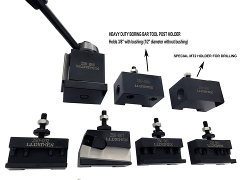 7 Piece Wedge Type Quick Change Tool Post Set For Mini Lathe Up To 9 Inches OXA Tool Post Compatible No Shim Needed Built In Quick Change System Includes No 1 Two Pieces No 2 No 4 No 5 No 7 Tool Holders displayed