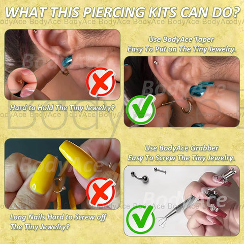 Piercing Taper Ball Grabber Tool Set 14G 16G 18G 20G Stainless Steel demonstrated for easy jewelry changes with tools and piercings