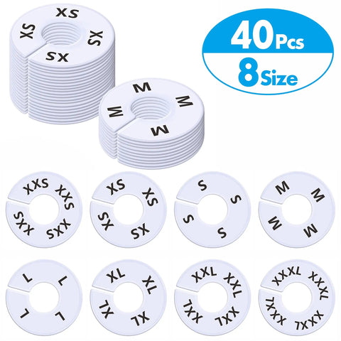 40 Pack Round White Plastic Closet Rack Dividers Preprinted With 8 Sizes XXS To XXXL For Easy Organization No More Handwriting And Smudges Double Sided For Quick Identification Fits Standard Rods 3.5 Inch Outer Diameter