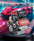 Electrically powered mini V8 engine model with visible pistons and moving crankshaft for kids, teens, and adults on display