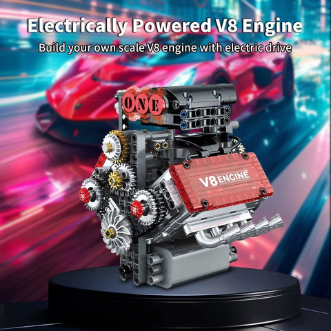 Electrically powered mini V8 engine model with visible pistons and moving crankshaft for kids, teens, and adults on display