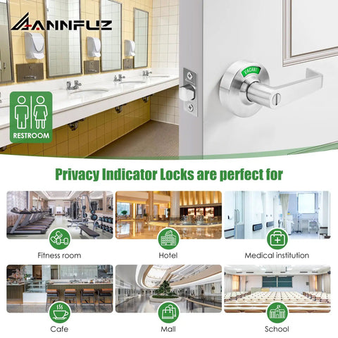 Rock Solid Zinc Alloy Bathroom Privacy Lock With Eye Catching Occupied Vacant Indicator 70Mm Lever Handle in restroom setting.