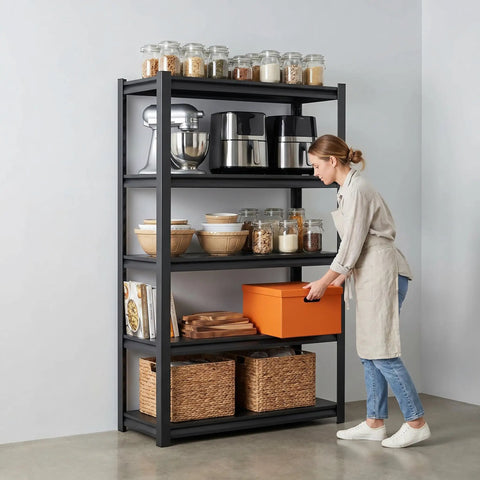 Heavy Duty Garage Shelving Unit 72 Inch Tall With 3000 Lbs Capacity 5 Tier Adjustable Metal Storage Shelves displaying kitchen items