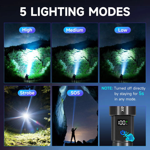 5 lighting modes of 4 Pack Rechargeable LED Flashlights With 10000 Lumens Each And LCD Battery Display Beast Mode Bright 5 Modes Tactical Light