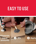 Cold Weld Steel Reinforced Epoxy Two Part Kit 2 Oz for DIY repairs application steps: dispense, mix, apply without torch.