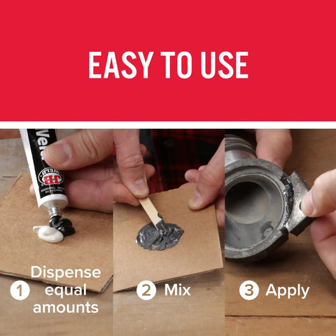 Cold Weld Steel Reinforced Epoxy Two Part Kit 2 Oz for DIY repairs application steps: dispense, mix, apply without torch.