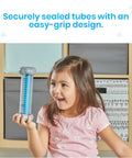 Young girl holding Calming Rain Sensory Tubes For Kids, Chill Rain Sound Fidget Toys, Rain Stick Instrument in playroom.