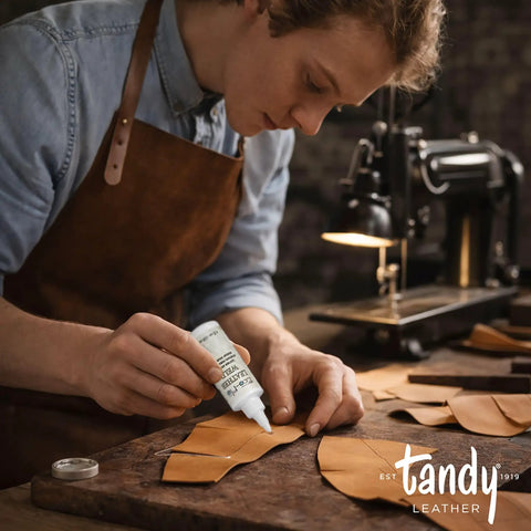 Man applying Eco Flo Leather Weld Adhesive Water Based Quick Tack Glue For Bags Belts Shoes And Craft Projects Dries Clear