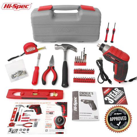 Red 35 Piece Tool Kit With 3.6V USB Electric Screwdriver And Drill Set, portable power tool with bits and accessories displayed